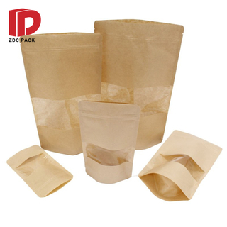 Three Side Seal Brown Kraft Paper Heat Sealable Flat Food Bags With Clear Window